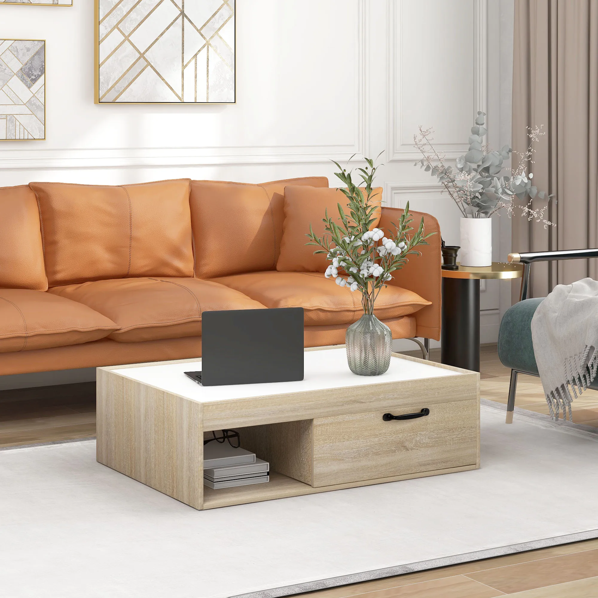 

Moderner Beistelltisch mit Regal und 1 Schublade, Sofatee-Aufbewahrungstisch für das Home Office im Wohnzimmer NW