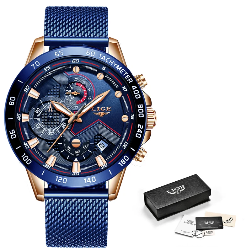 Rose gold all blue Новинка, LIGE, синие, повседневные, с сетчатым ремешком, модные, кварцевые, золотые, мужские часы, Топ бренд, Роскошные, водонепроницаемые часы, Relogio Masculino - Цвет: Rose gold all blue