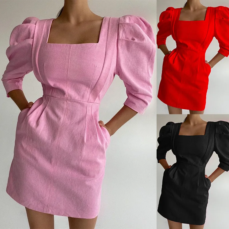 

Mini Dress Women Lantern Long Sleeve Fashion Office Square Neck Pocket High Waist Dresses Black Red 2021 summer