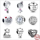 Браслет pandora в виде единорога, медведя, семьи, цветка, сердца, мам, шарики для браслета, серебро 2021 пробы, 925