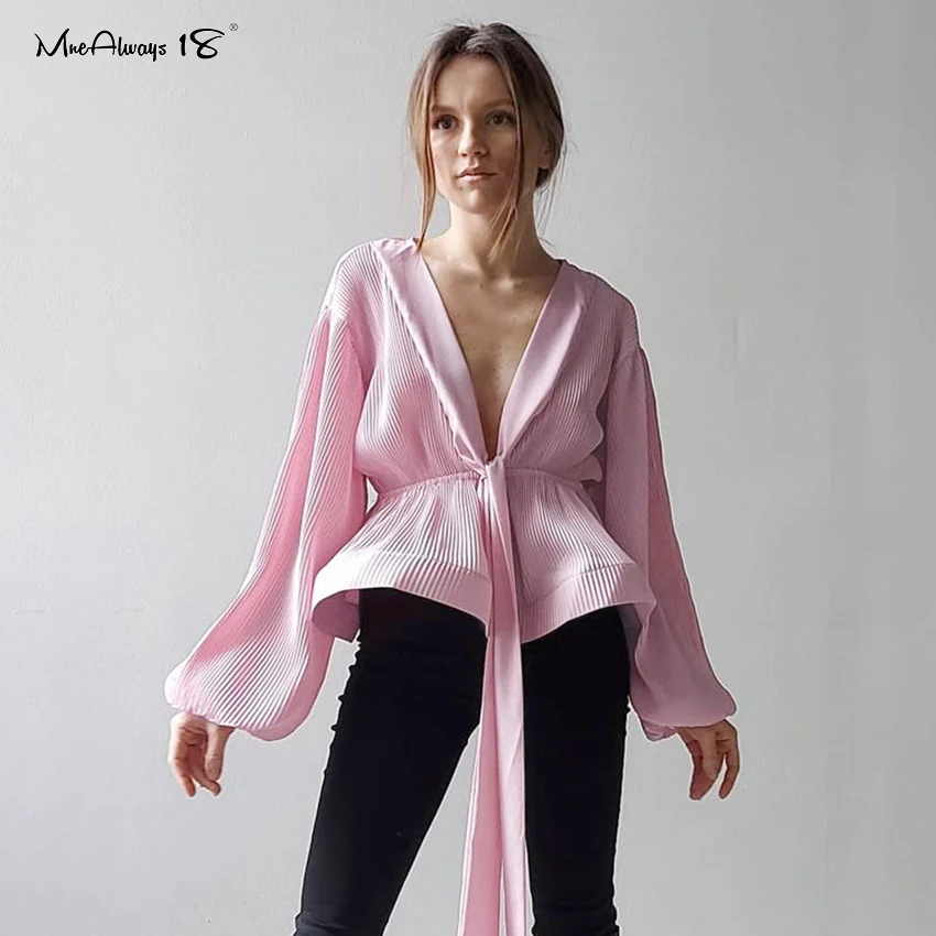 

Блузка Mnealways18 с рукавами-фонариками и рюшами, женские свободные эластичные рубашки на шнуровке, женские весенние топы с глубоким V-образным ...