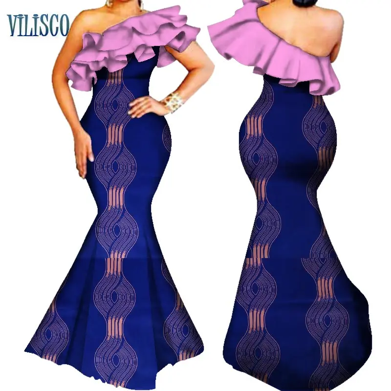 Африканские платья для женщин базин богатые оборки на одно плечо длинное платье