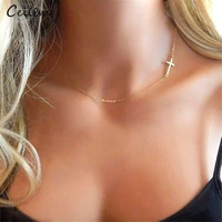 2020 simple female sideways cross charm pendant necklace gold color stainless steel choker neck chains for women collar jewelry
