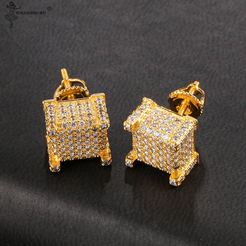 

Ice Out Hip Hop Rock Style Jewelry Micro Full Pave Rhinestone CZ Bling Stud Earrings Gold Color Copper Earrings For Women Men