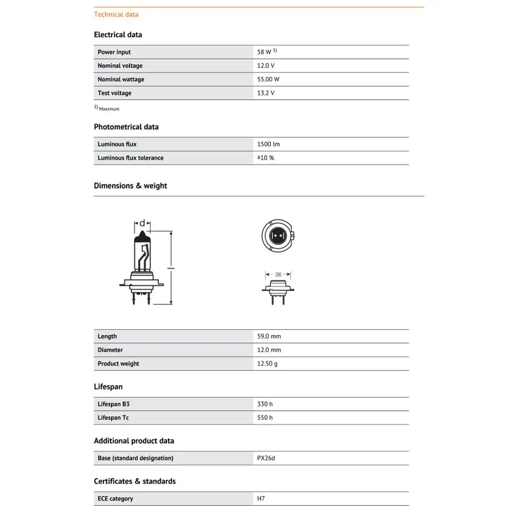 Стандартная Автомобильная галогенная лампа OSRAM H7 автомобильная 3200K 12V 55W PX26d 64210