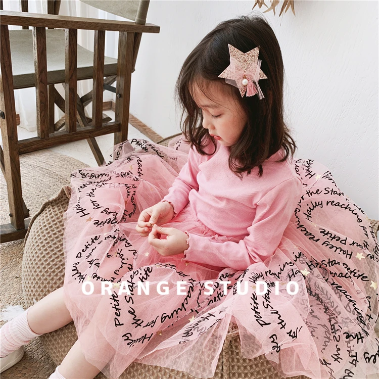 Платье из тюля с блестками и звездочкой для девочек на осень зиму детское