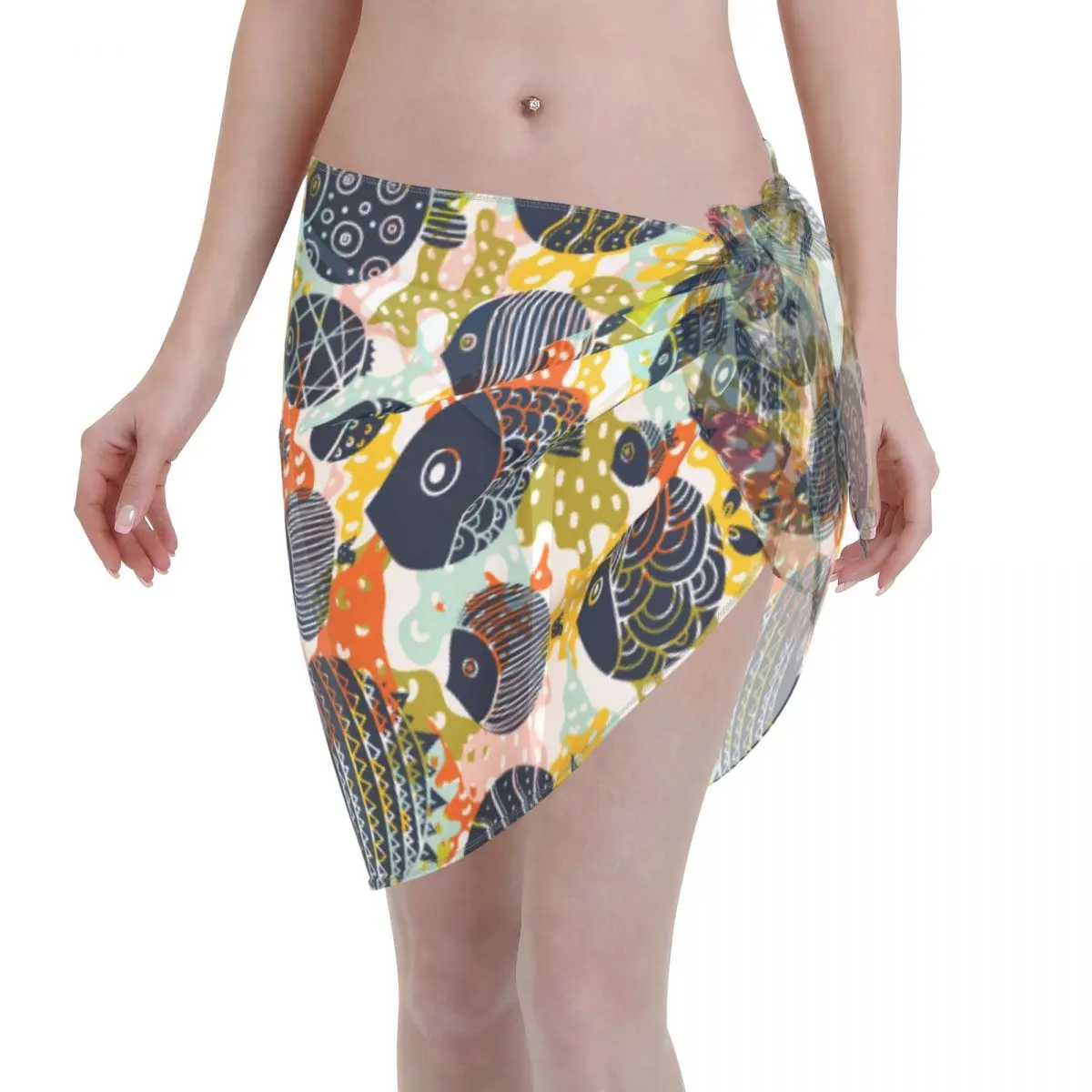 

Женское прозрачное пляжное бикини, накидка на шарф, одежда для плавания, парео, саронг, платье, повседневное пляжное платье с принтом рыбьег...