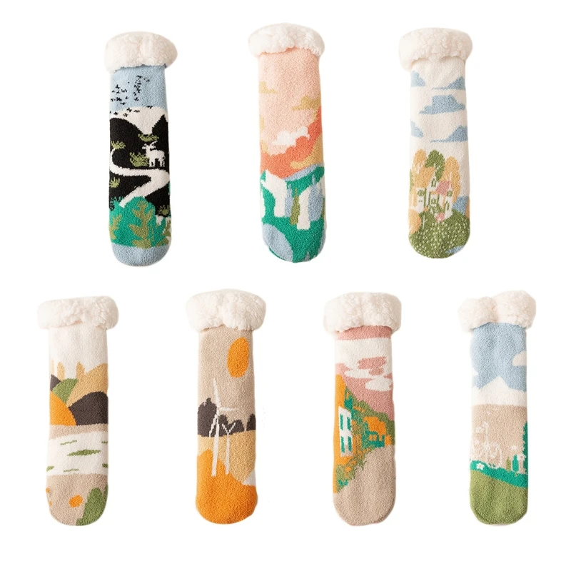

MXMA Women Winter Faux Fleece Lined Slipper Socks Novelty Colorful Village Landscape Print Thicken Fuzzy Thermal Stockings