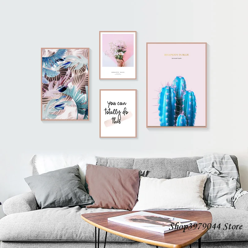 Синий кактус Холст плакат розовый цветок Маргаритка стены художественная