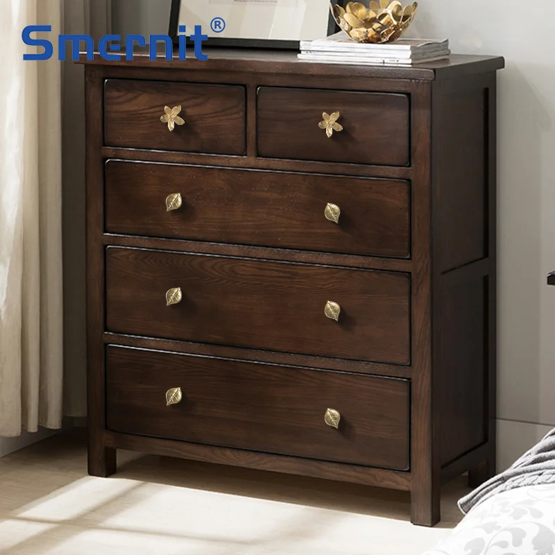 Латунь мебельные ручки в форме цветка листа тянет однотонные золотистые круглые