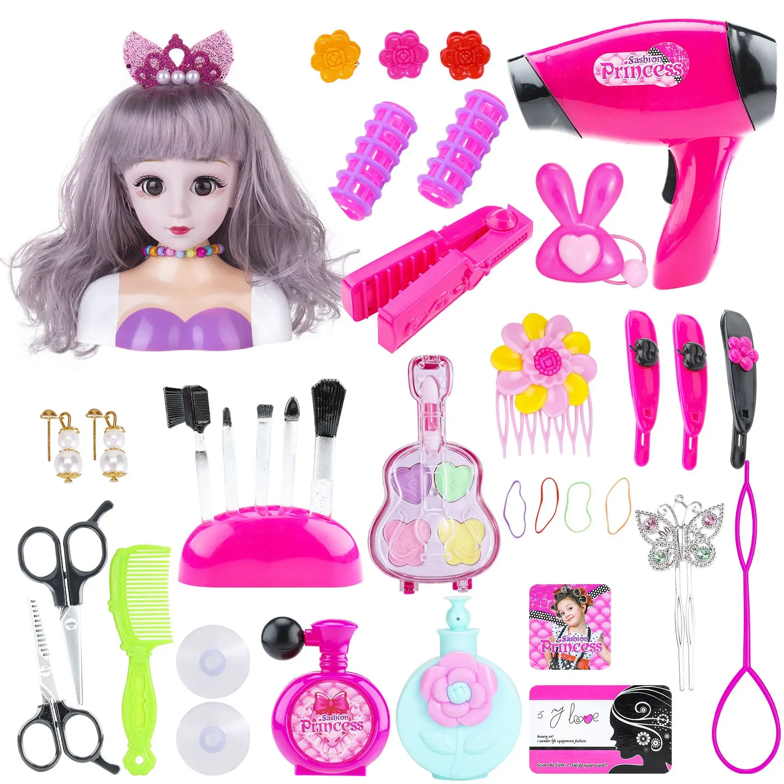 

38Pcs Children Pretend Hair Styling Head Doll Set Makeup Toys Baby Girl Educational Toys With Hair Dryer Make Up Toys Set