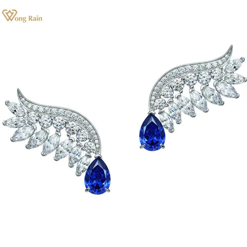 

Серьги-гвоздики Wong Rain из стерлингового серебра 925 пробы с искусственным сапфиром и перьями, ювелирные украшения для свадебной вечеринки