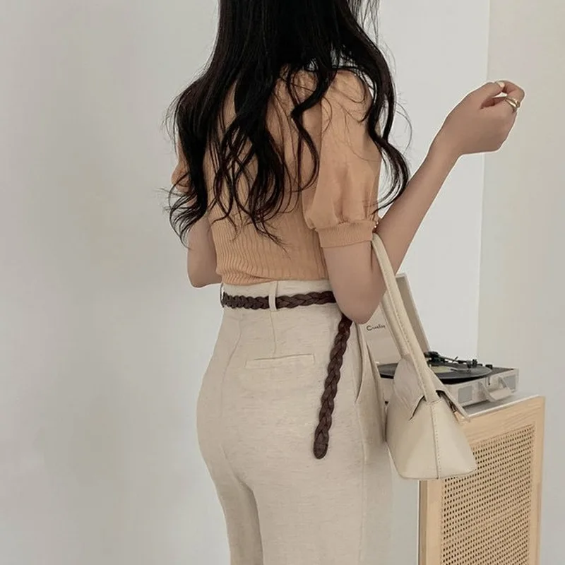 

Knitted T Shirts Women Korean Square Collar Short Puff Sleeve Female Tops Summer 2020 Casual Slim Fit Ladies Tees