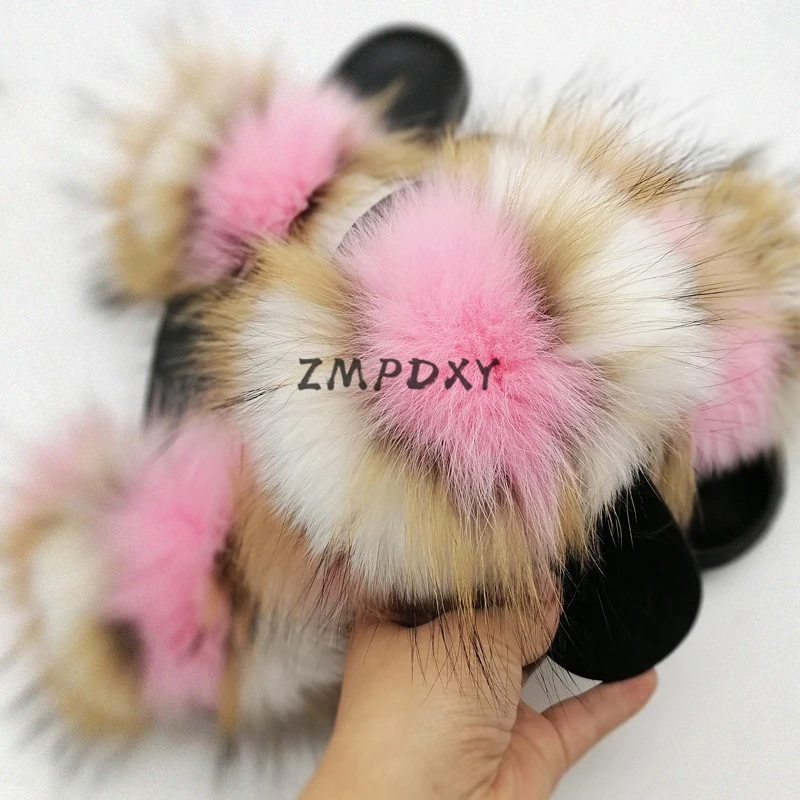 

Детские/Детские сланцы из натурального Лисьего меха, женские пушистые Шлепанцы из меха енота, Плюшевые сандалии для девочек, детская домашн...