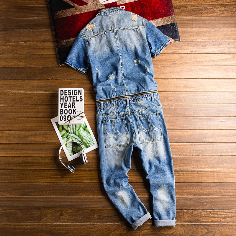 Комбинезон джинсовый мужской с коротким рукавом в стиле хип-хоп светло-голубой |