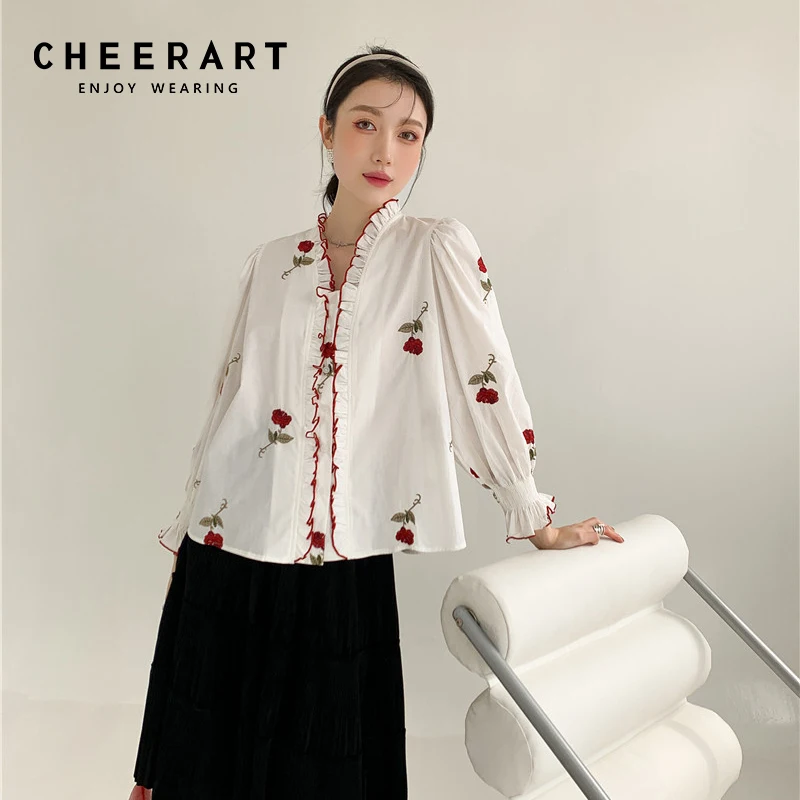 

CHEERART Rose Embroidered Shirt For Women Lantern Sleeve V Neck White Cotton Vintage Ladies Top Autumn Blouses 2021 Fashion