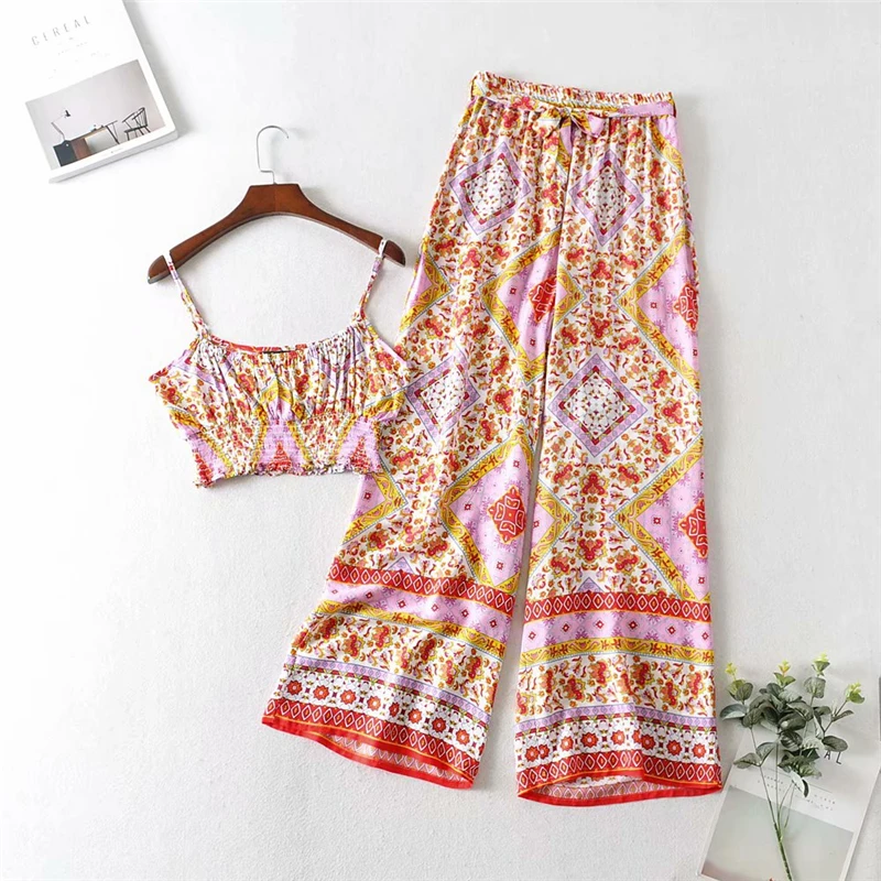 

Elastic Maxi Pant Summer Beach Boho Casual Women Sets Boho Inspired Floral Print 2 Piece Set Vintage sleevless Short Tops