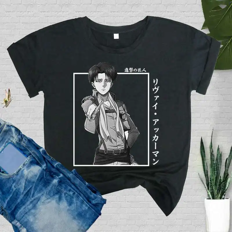 

Футболка унисекс с принтом из японского аниме атака на Титанов Акерман, топ с круглым вырезом и принтом манга в стиле Харадзюку, одежда для п...
