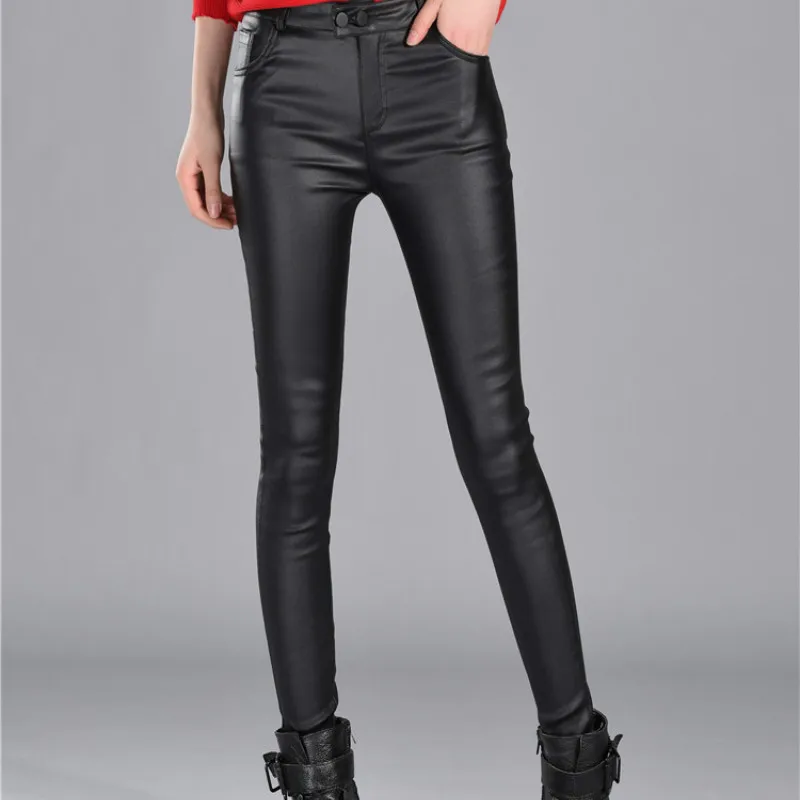 Осенне-зимние женские кожаные брюки высокие блестящие облегающие Женские
