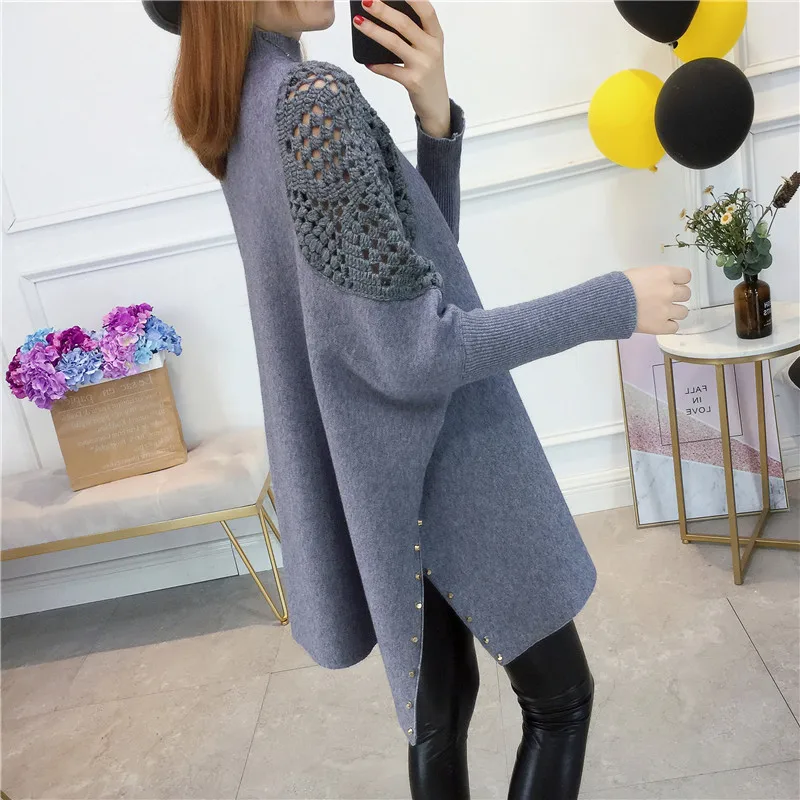 

Fshion Sweater female loose lazy wool knit high collar large size solid color black