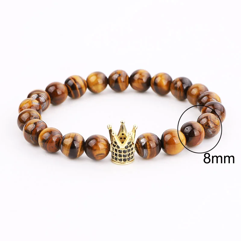 Модные мужские ювелирные изделия браслет CZ Pave Корона натуральный тигровый глаз