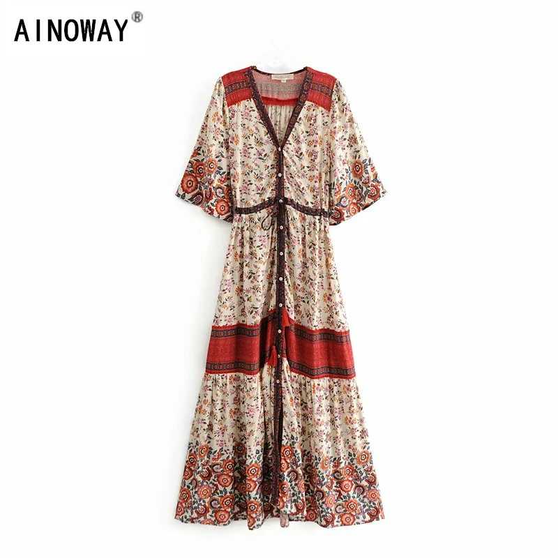 Платье женское винтажное шикарное с цветочным принтом Пляжное богемное Макси