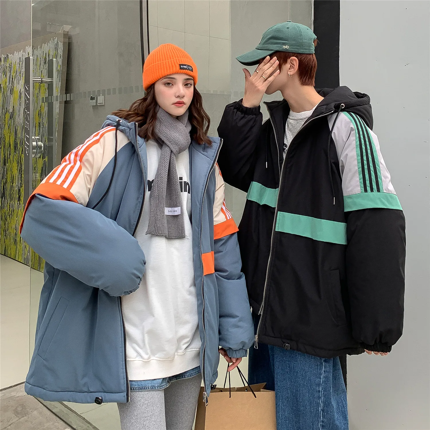 

Мужская куртка с капюшоном, зимняя теплая свободная хлопковая куртка контрастных цветов, большие размеры