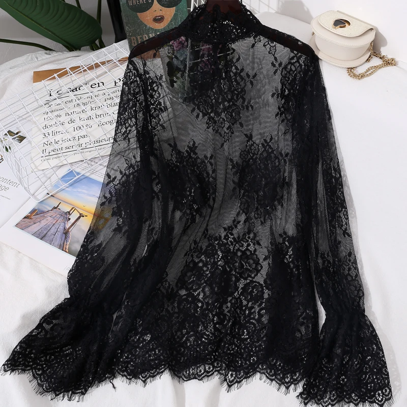 

2020 summer new lace women blouse flare sleeved see through loose sexy lady elegant pulls outwear coat tops