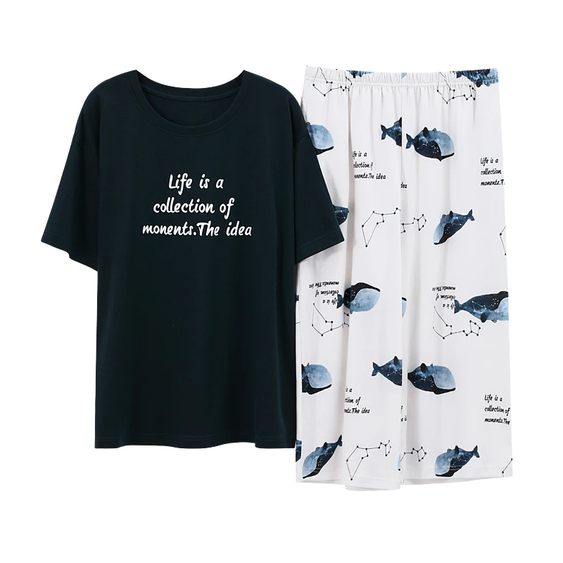 

Cotton Casual Loose Homewear Simple Letter Printing Sleepwear Nightwear Summer New Chic Blue Ocean Fresh Style Women Pajamas Set