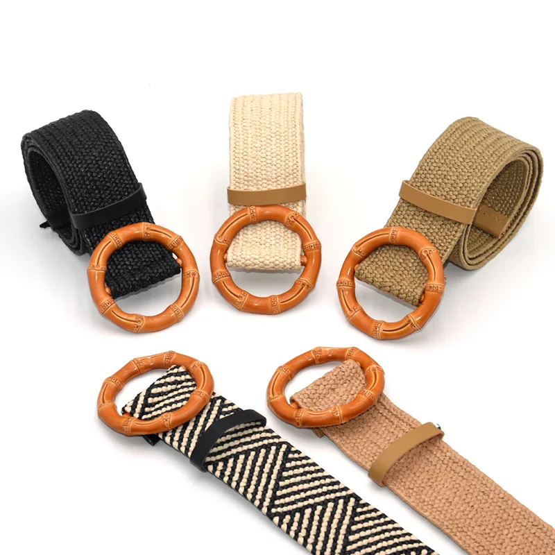 

Woman Braided Belts For Women Woven Strap Female Round Wooden Buckle Design Style Dress Jeans Black Faux Leather Waist Belt Hot