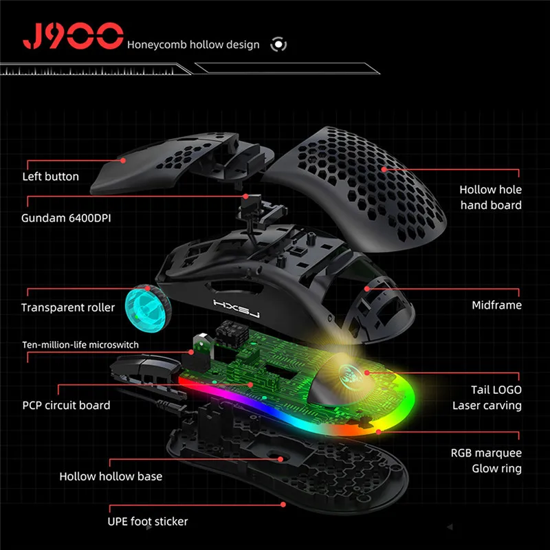 

J900 USB Wired Gaming Mouse RGB 6400DPI Six Level Adjustable DPI Honeycomb For Notebook Laptop PC Mause