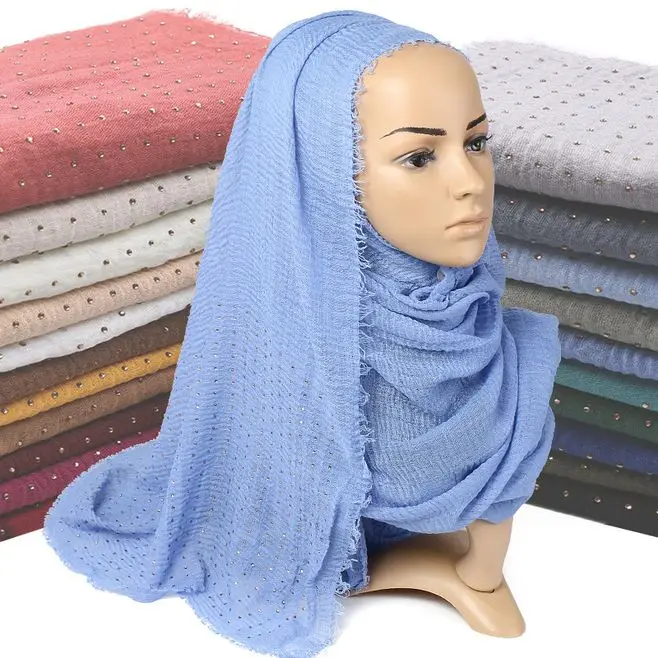 

Diamond Wrinkled Soft Cotton Shawls Muslim Hijab Scarves Wraps Fringe Pleat Headband Autumn Winter Long Headscarf Islamic Turban