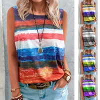 new 2021 summer women colorful striped print o neck vest sleeveless casual tops ladies cotton tank tops t shirts s 5xl