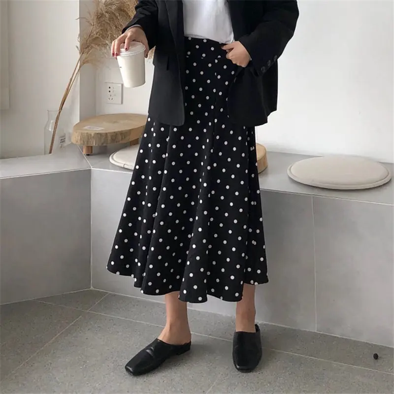 Женская юбка в горошек Hzirip черная винтажная стиле пэчворк с высокой талией