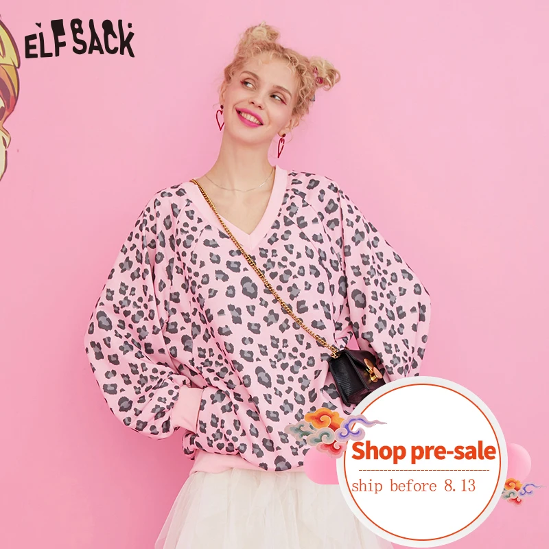ELFSACK розовые женские свитшоты с леопардовым принтом осень 2019 новинка v-образный