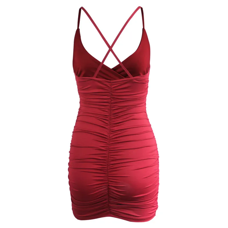

VIIANLES Mini Dress Sexy Party Backless Deep V-Neck Club Short Womens Summer Mini Vestidos Strap Backless Bodycon Ruched Elegant