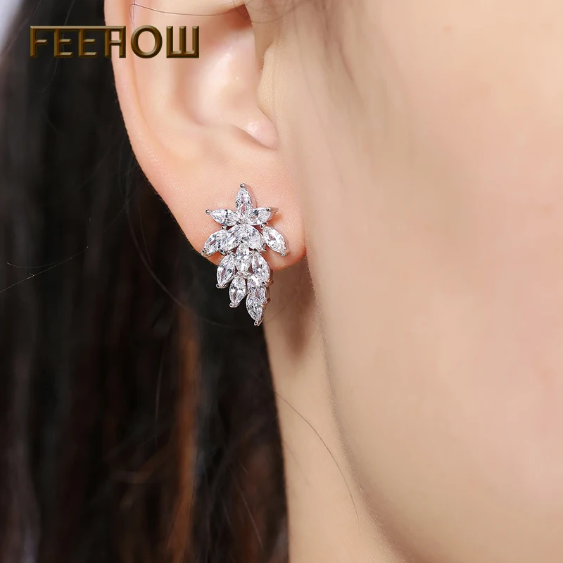 Женские серьги-гвоздики в форме листа FEEHOW изысканные белого цвета с кристаллами