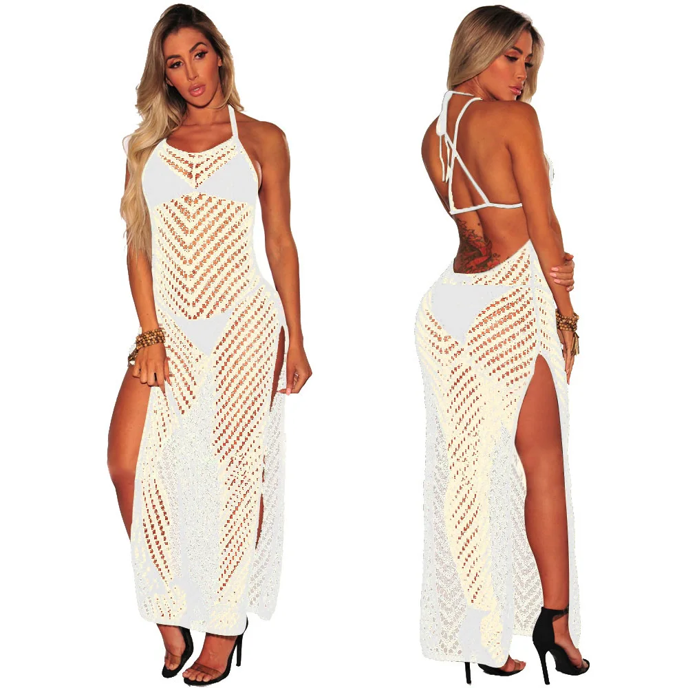 

Women Mesh Sexy Bikini Cover Up Swimwear Maxi Dress Backless Hollow Out Straight Summer Beach Dress Bathing Suit Cover Up Dress