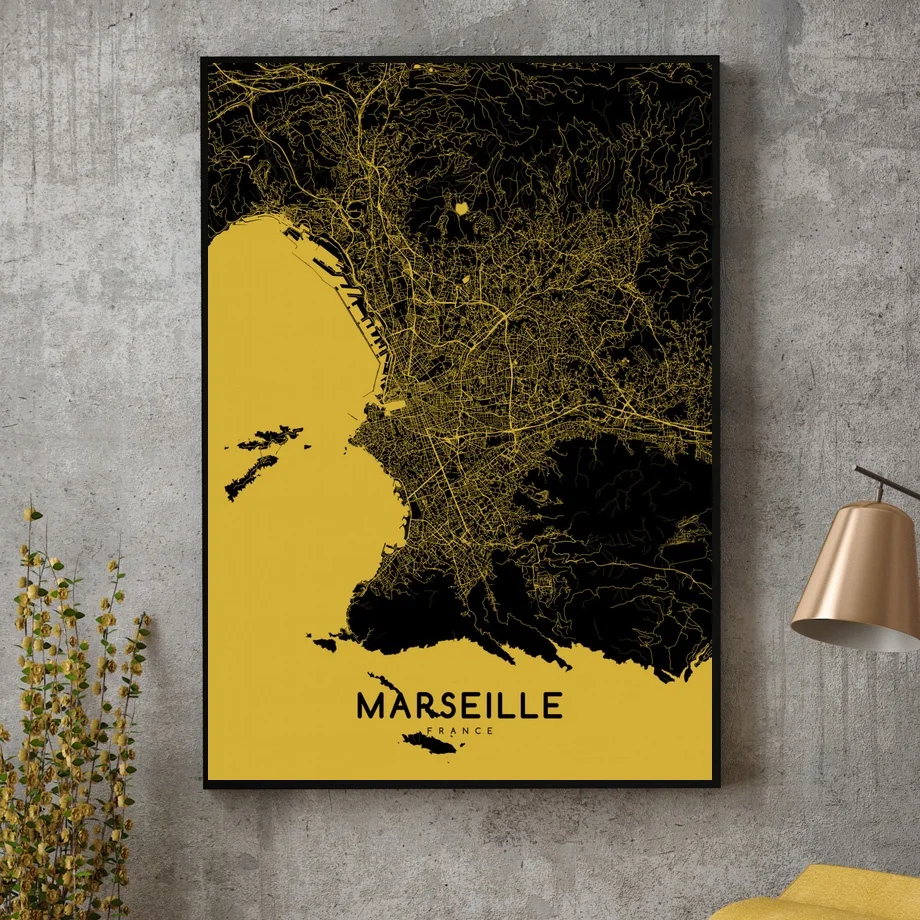 Париж Франция Марсель город черный и золотой карта Плакат холст искусство печать