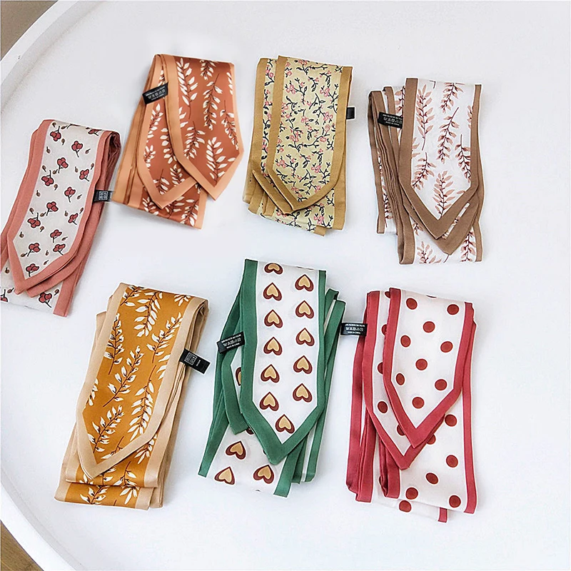 

2021 New Small Silk Dot Print Scarf Satin Print Handle Bag Ribbon Accessories Summer Girls Elegant Long Skinny Printed Scarves