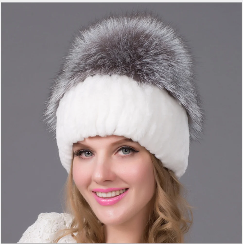 Russian Womens Hats Winter Warm Luxury Fox Fur Top Beanie Hat Handmade Knitted Lady Caps Real Rex Rabbit Fur Hats For Women
