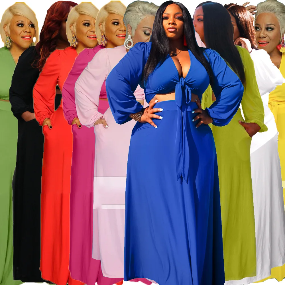 

2021 Autumn Winter New Womens Skirt Solid Color Loose Large Size Ribbon Long-sleeved Top Elastic Waist Long Skirt Two-piece Suit