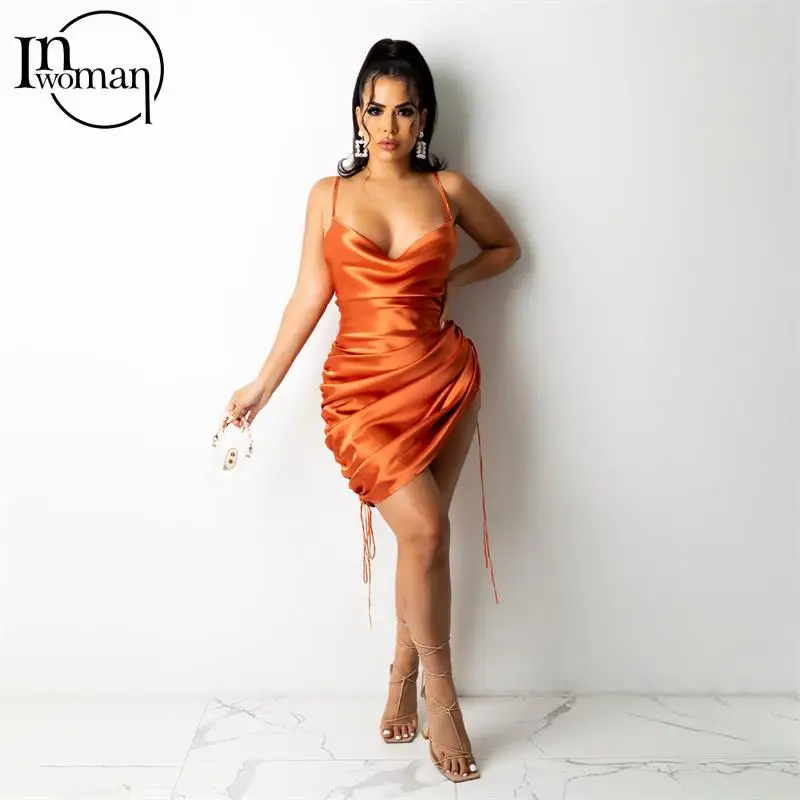 

INWOMAN Autumn Sexy Black Green Dresses For Women 2021 Cami Straps Backless Bodycon Dress Female Drawstring Clubwear Mini Dress