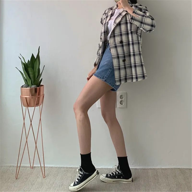 RUGOD, модные женские клетчатые куртки ins, корейский стиль, с пышными рукавами, с длинным рукавом, на шнуровке, для офиса, для девушек, Блейзер, куртки, Ретро стиль, Auturm, пальто