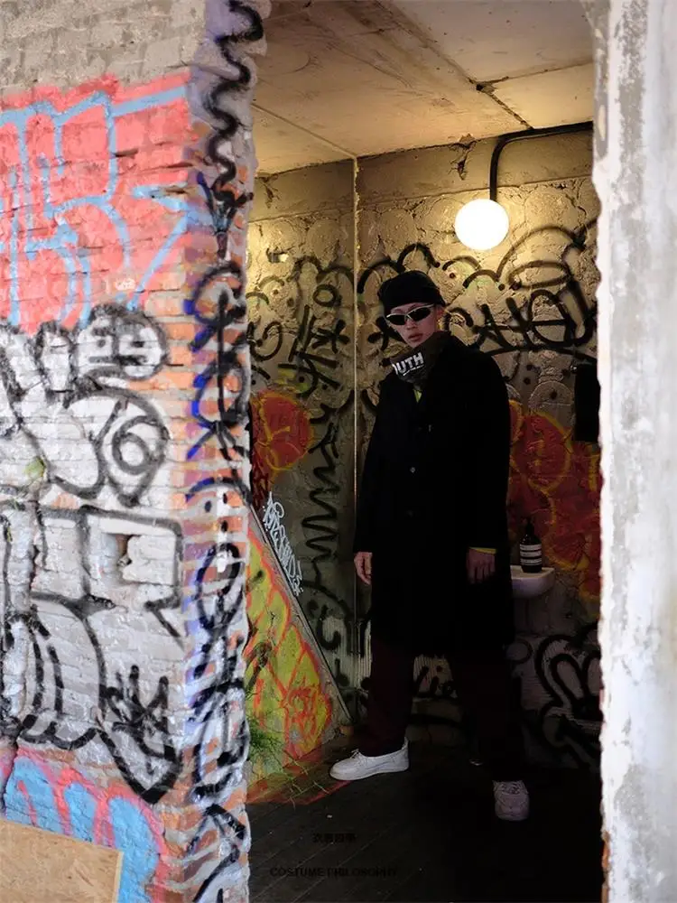 Men's woolen coat autumn and winter mid-length black stitching | Мужская одежда