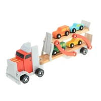 wooden double deck car carrier transporter with 4 mini vehicles for kids imaginative play 15 x 2 75 x 4 33 inch