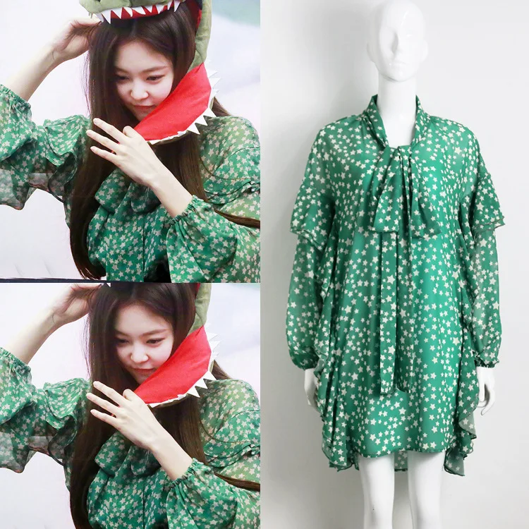 Женское шифоновое платье с оборками элегантное зеленое в Корейском стиле