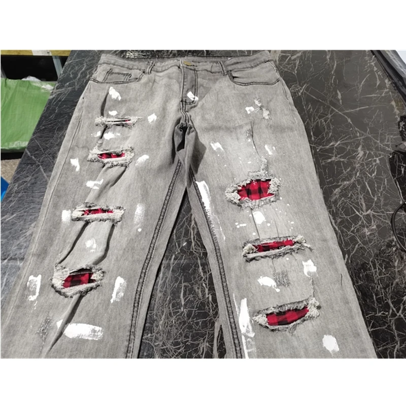 Men Pure Color Grid Jeans Gray Patchwork Designer Hip Hop Pants Slim Fit Elastic Hip-hop Style Pencil | Мужская одежда