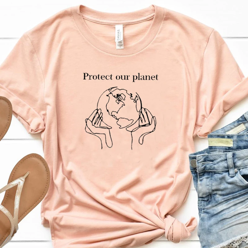 peach pink Защитить нашу планету Графический Тройник для женщин Винтаж Футболка Эстетическая 90s гранж рубашка сохранить Землю рубашки хлопок размера плюс Топ падение - Цвет: peach pink