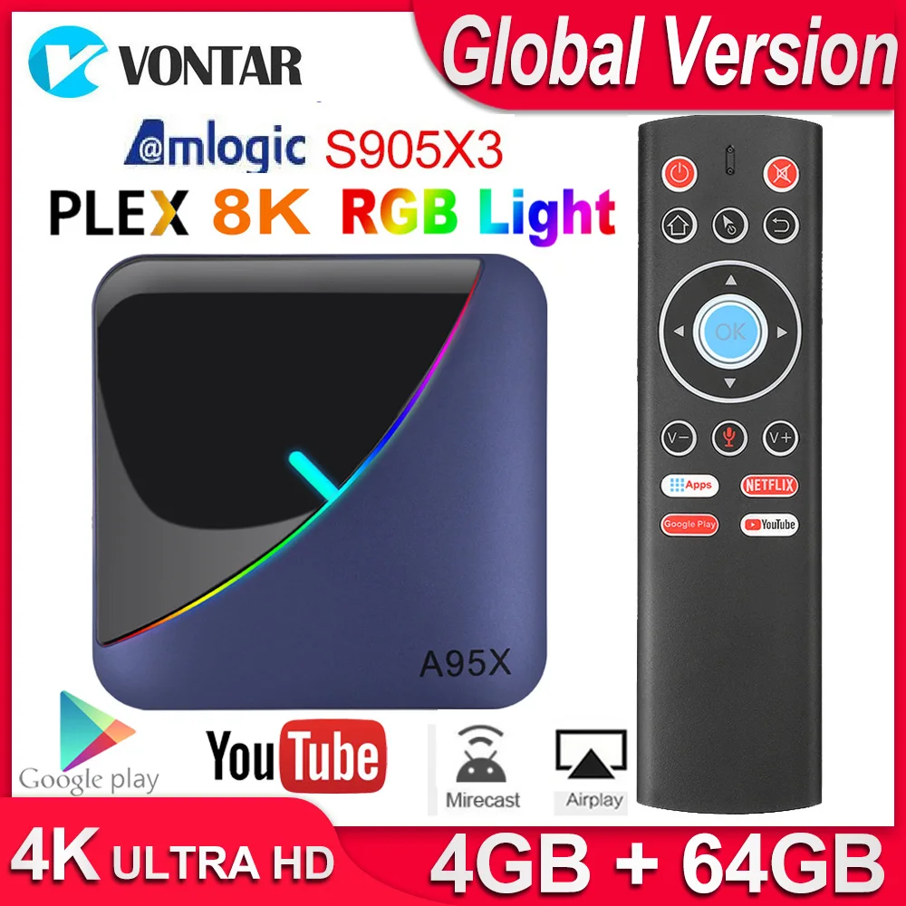 ТВ приставка A95x F3 RGB светильник Android 9 0 макс. 4 ГБ 64 Amlogic S905X3 смарт 4K USB3.0 H.265 Netflix Youtube